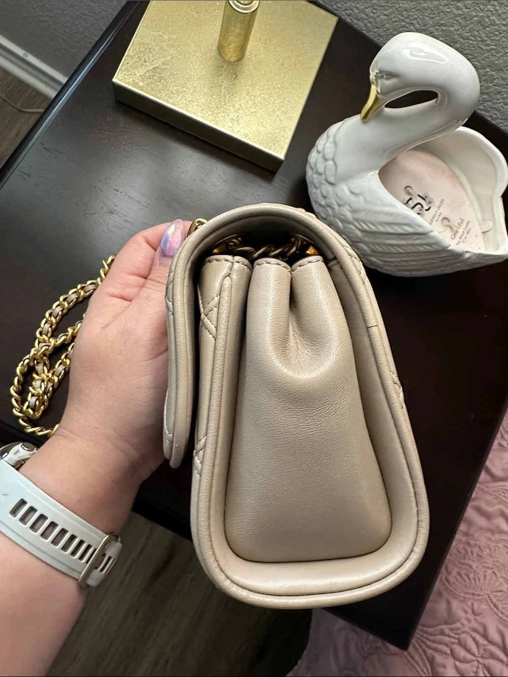 Tory Burch Quilted Beige Leather Shoulder Bag with Gold Chain